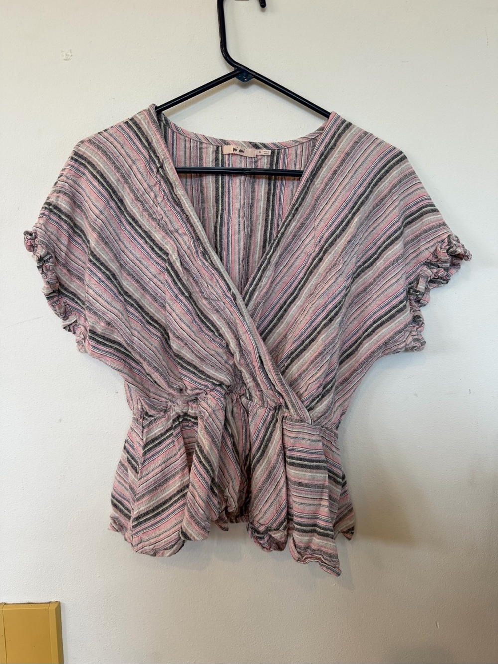 miami Pink and Gray Striped Wrap-Front Blouse